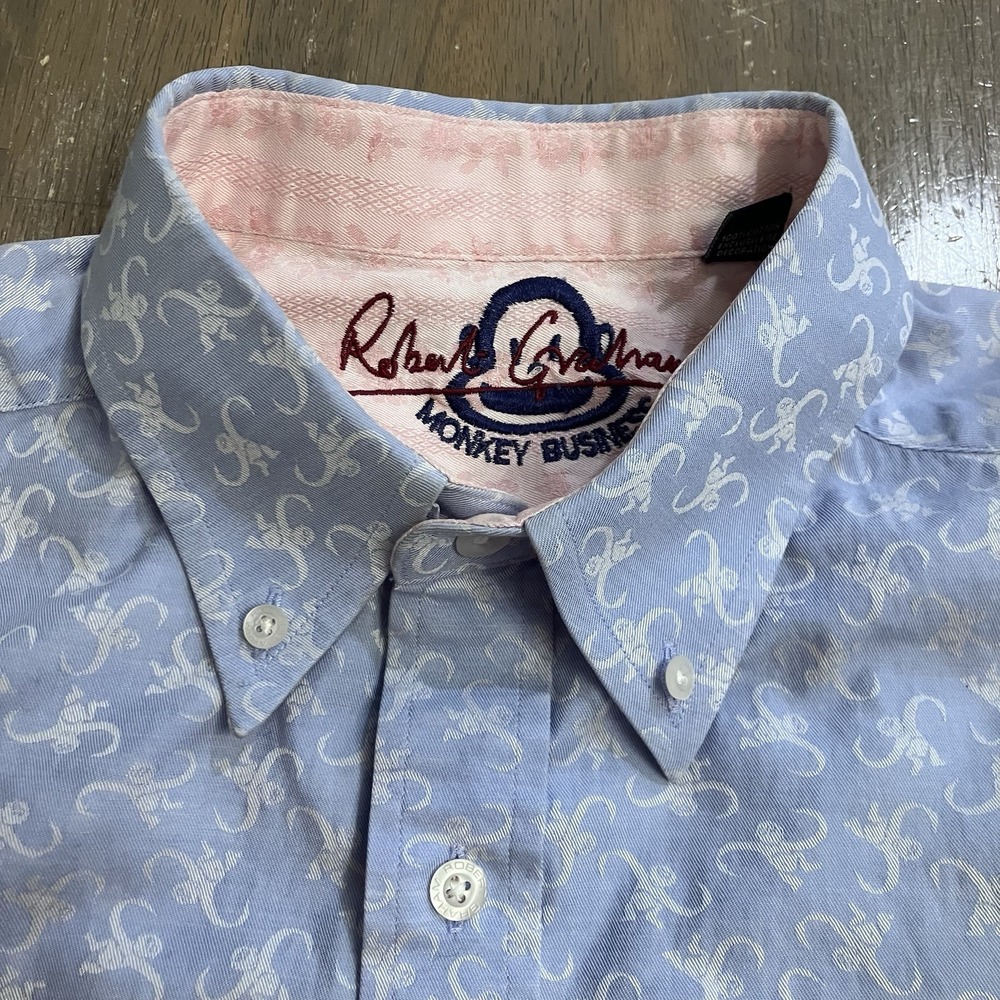 Robert Graham Men's Medium Button‎ Down Shirt Flip Cuff Monkey Print Blue Pink